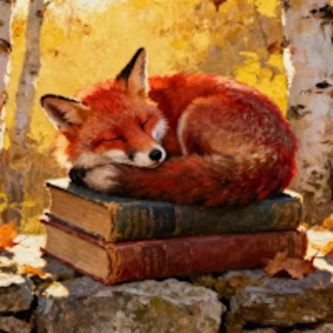 A sleeping fox curled on a stack of old books